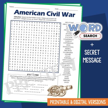 Preview of American Civil War Word Search Puzzle Activity Vocabulary Sheet Secret Message