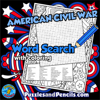 Preview of American Civil War Word Search Puzzle with Coloring | US History Wordsearch