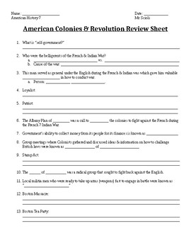 Preview of American Colonies & Revolution Review Sheet