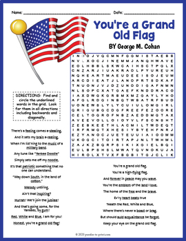 YOU'RE A GRAND OLD FLAG Word Search Puzzle Worksheet Activity | TpT