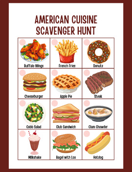 Preview of American Foods Scavenger Hunt | American Cuisine Activity | PDF Download