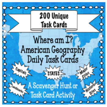 Preview of American Geography Task Card Set -200 Cards! Fun for Online Learning