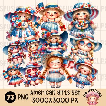 Preview of American Girls Celebrating Independence Day | Summer Girls Clip Art