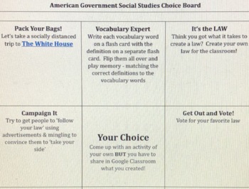 Preview of American Government Social Studies Choice Board - 10
