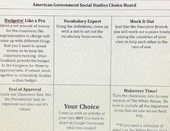 Preview of American Government Social Studies Choice Board - 11