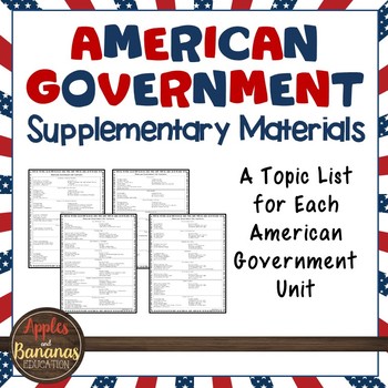 Preview of American Government Supplementary Materials - Topic Lists for Each Unit