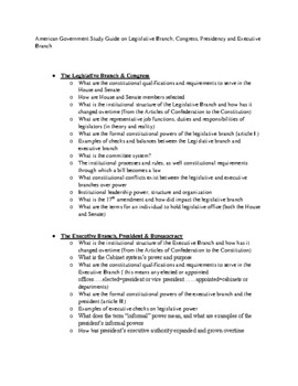 Preview of American Govt Study Guide Outline on Executive and Legislative Branches