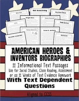 Preview of American Heroes/Inventors Close Reading: Text Evidence, HW, Assessment & More}