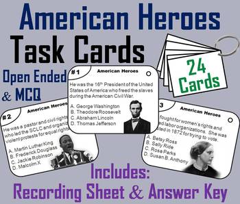 Preview of American Heroes Task Cards: Martin Luther King, Rosa Parks, Abraham Lincoln etc.