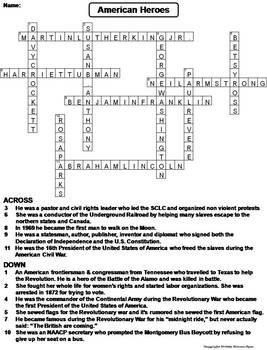 American Heroes Worksheet Crossword Puzzle Science Spot Tpt