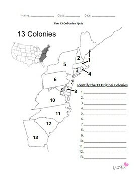 American History 13 Colonies Content and Map Quiz With Keys by HistoTeam