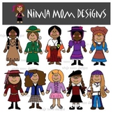 American History Girls Clip Art in Color and Black Line
