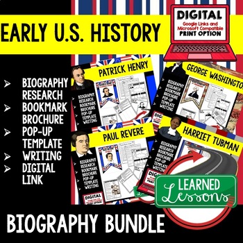 Preview of Early American History Biography Research, Bookmark Brochure, Writing Bundle