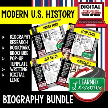 Preview of American History Part 2 Biography Research, Bookmark Brochure, Writing Bundle