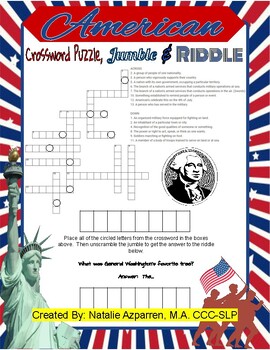 Preview of American July 4th Memorial Veteran President Crossword, Jumble, and Riddle