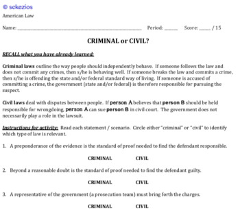 Preview of American Law: Intro to Law: Criminal vs. Civil Activity PDF