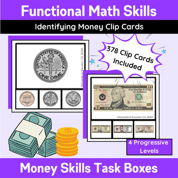 Preview of American Money Identification Clip Card Bundle | Task Boxes | Spec Ed | K-2 Math
