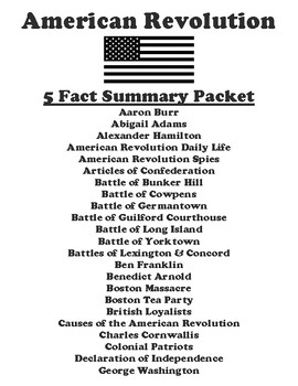 Preview of American Revolution  "5 FACT" Summary Assignment Packet (53 Topics)