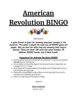 Preview of American Revolution BINGO Game