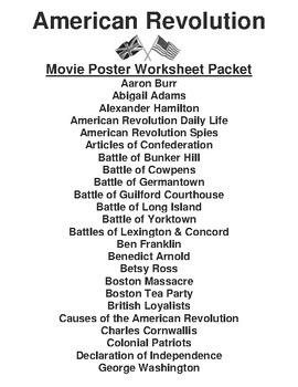 Preview of American Revolution  "Movie Poster" WebQuest & Worksheet (54 Topics)