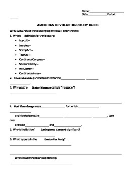 Preview of American Revolution Study Guide & ANSWER KEY