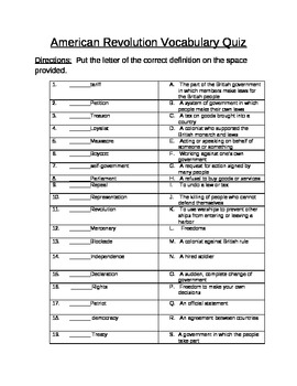 Preview of American Revolution Vocabulary Quiz and Essential Questions