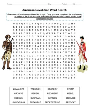 american revolution word search and definitions with answer key by drew