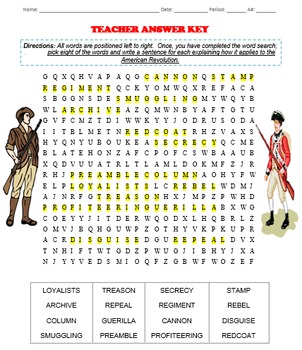 American Revolution Word Search and Definitions with ANSWER KEY by Drew