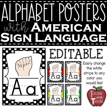 Preview of American Sign Language Alphabet Posters {with Editable Stripe}