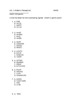 Preview of American Sign Language (ASL) Level 1 Receptive Midterm