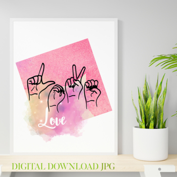 Preview of American Sign Language Love Poster - Pink Watercolor wall art
