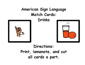 Preview of American Sign Language Match Cards:  Drinks (Gen. Ed. or ESE)