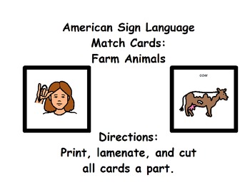 Preview of American Sign Language Match Cards:  Farm Animals (ESE or Gen. Ed)