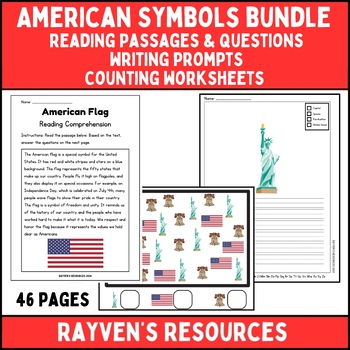 Preview of American Symbols BUNDLE! Writing Prompts, Reading Passages, Count within 20 1st