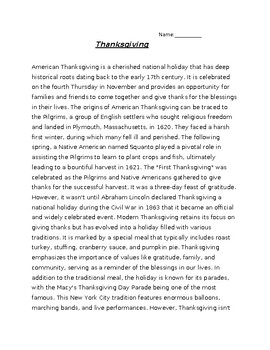 Preview of American Thanksgiving Reading Comprehension
