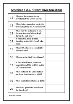 American U S History Trivia Questions Quiz 20 Questions With Answers
