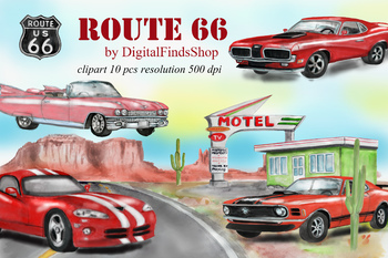 Preview of American car clipart, Route 66, vehicle watercolor clipart