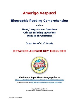 Preview of Amerigo Vespucci Biography: Reading Comprehension & Questions w/ Answer Key