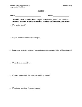 Preview of Amish Article (Reading Level 1) Comprehension Worksheet