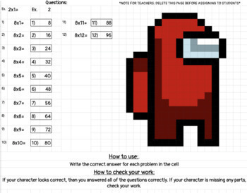 among us multiplication facts 8s up to 8x12 self check in google sheet