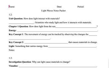 Preview of Amplify Light Waves Fill-in-the-blank notes packet
