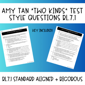 Preview of Amy Tan "Two Kinds" Comprehension Questions | STANDARD ALIGNED | RIGOROUS