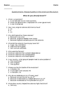 An American Revolution Questionnaire Pre Assessment by That Hiking Teacher