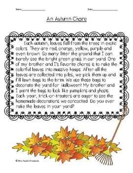 An Autumn Chore Reading Comprehension Bundle by Mrs Paulk's Products