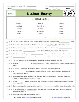 Preview of An "Eyes of Nye" - Nuclear Energy –EN05- Worksheet, Ans Sheet, and Two Quizzes.