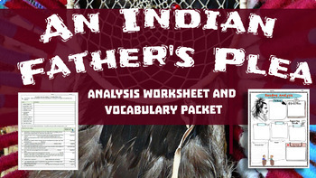 Preview of An Indian Father's Plea Analysis Worksheet and Vocabulary Worksheet Packet