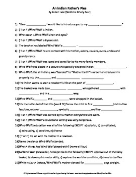 Preview of An Indian Father's Plea Complete Guided Reading Worksheet Springboard