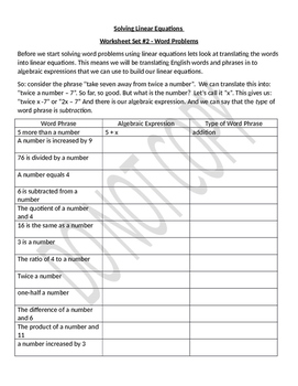 Preview of An Introduction to Solving Word Problems Using Linear Equations  Worksheets