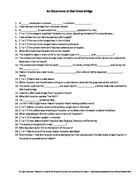 An Occurrence At Owl Creek Bridge Complete Guided Reading Worksheet Crosswords