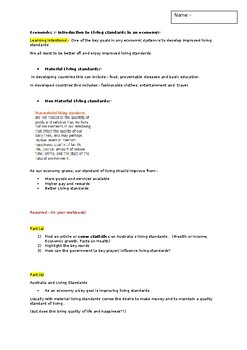 Preview of An introductory Economics activity covering the concept of Living Standards